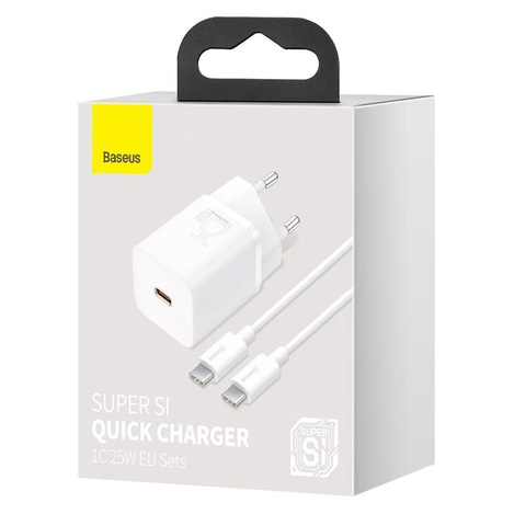 Baseus Super Si szybka ładowarka sieciowa Quick Charge 3.0 Power Delivery 25W 3A + Kabel USB Typ C - USB Typ C 3A 1m biały (TZCCSUP-L02)