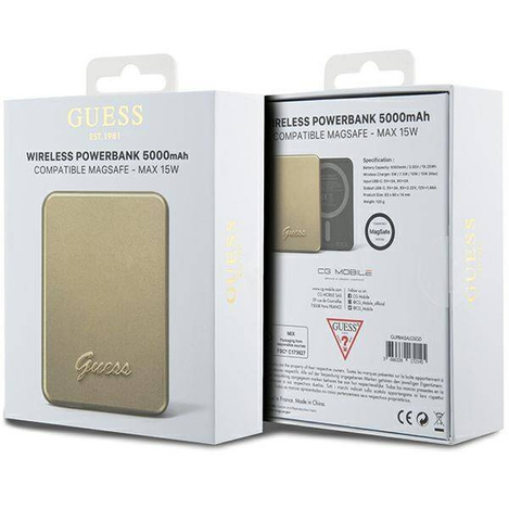 Guess powerbank indukcyjny 15W GUPBM5ALGSGD 5000mAh złoty MagSafe Metal Script Logo