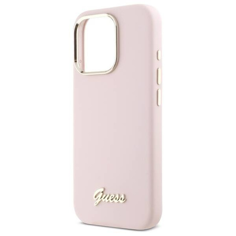 Original Handyhülle IPHONE 16 PRO Guess Hardcase Silicone Script Metal Logo & Frame (GUHCP16LSMBSLP) rosa