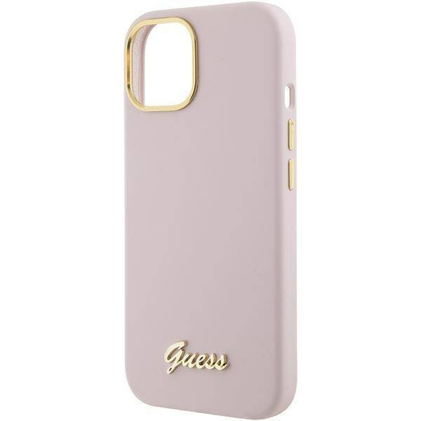 Guess Silicone Script Metal Logo & Frame case for iPhone 15 - pink