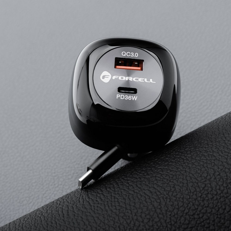 Ładowarka samochodowa Forcell F-Energy Alu USB C + USB A + zwijany kabel USB C PD QC4.0 SFC2.0 3A 75W czarna
