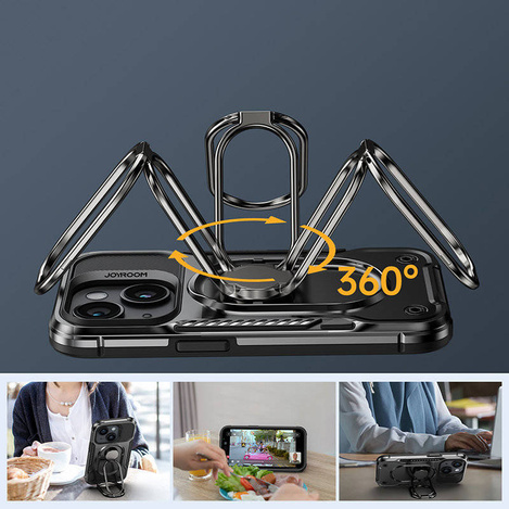 Joyroom Dual Hinge Case für iPhone 14 Plus gepanzerte Hülle mit Ständer und Ringhalter schwarz