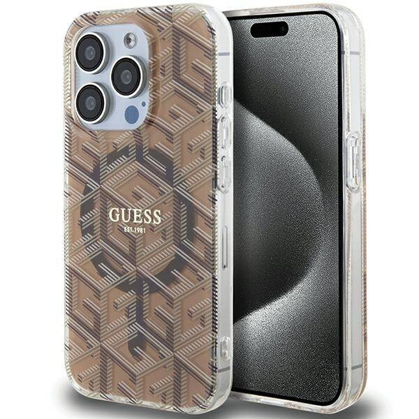 Oryginalne Etui GUESS Hardcase GUHMP15XHGCUSTGW do iPhone 15 Pro Max (Kompatybilny z Magsafe / IML GCUBE / brązowy)