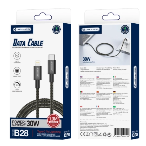 JELLICO kabel B28 USB-C - Lightning PD 30W 1M Czarny
