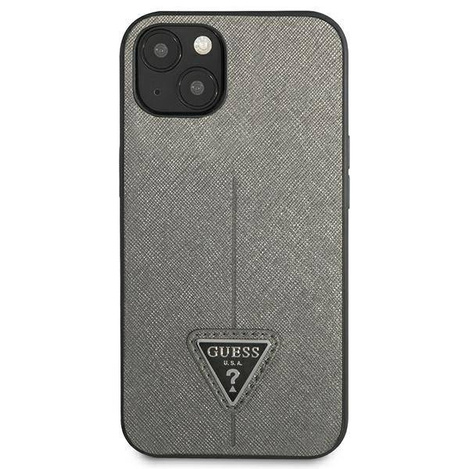 Original Handyhülle IPHONE 14 Guess Hardcase Saffianotriangle Logo (GUHCP14SPSATLG) silber