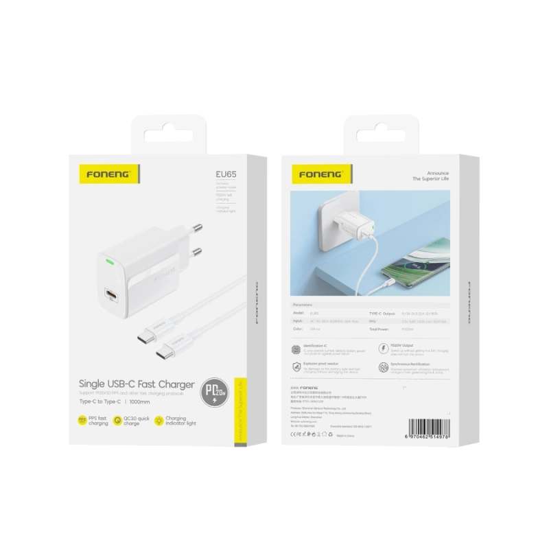 FONENG Netz-Ladegerät EU65 PD 20W 1xUSB-C + kabel USB-C - USB-C weiss