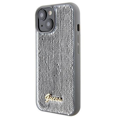 Guess Pailletten-Schriftzug-Metallgehäuse für iPhone 15 – Silber
