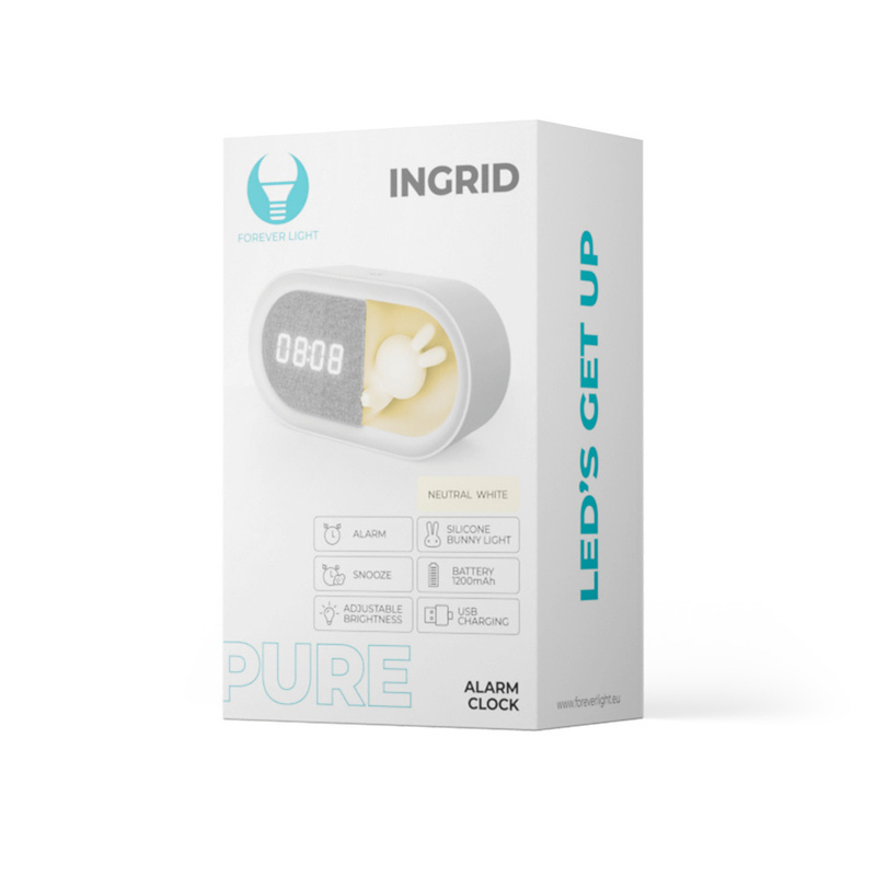 Budzik z nocnym króliczkiem LED PURE FNL-05 INGRID biały podłużny Forever Light