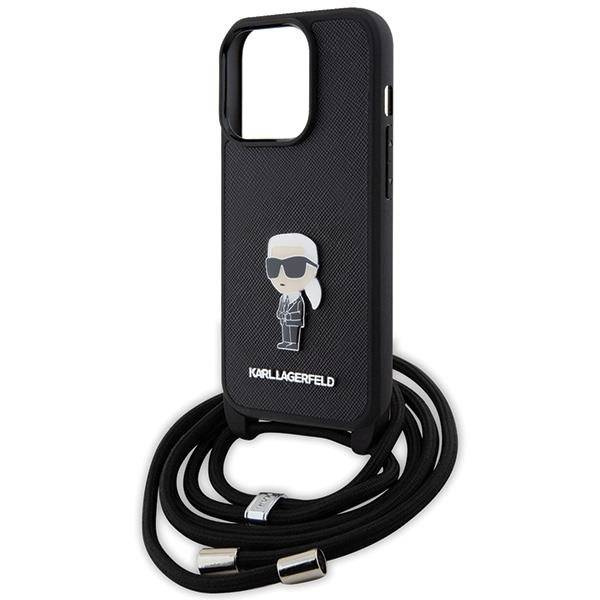Karl Lagerfeld Crossbody Saffiano Monogram Metal Pin Karl &amp; Choupette Case for iPhone 15 Pro - Black