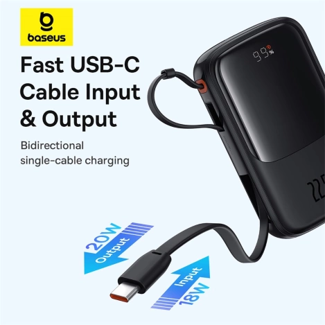 Baseus Qpow Pro+ 10000 mAh 22,5 W Powerbank mit integriertem USB-C-Kabel und Display – Schwarz