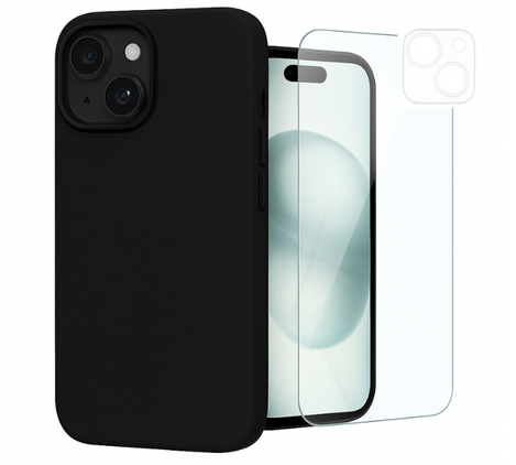 Etui do iPhone 15 czarne + Szkło na ekran + Szkło na aparat