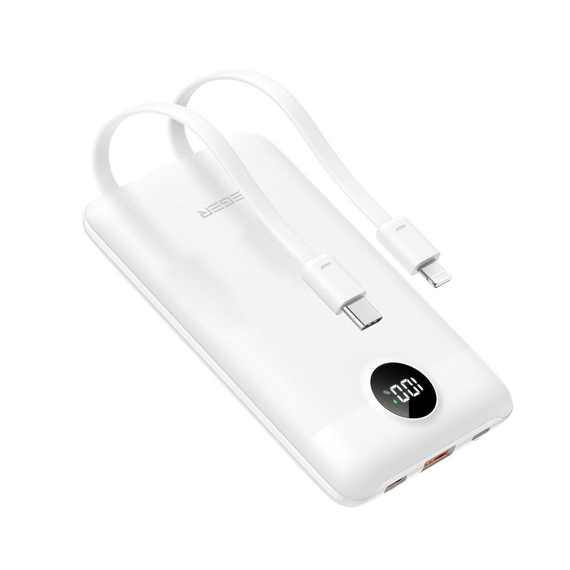 VEGER powerbank 10000 mAh z wbudowanymi kablami Typ C / Lightning PD QC3.0 2A 22,5W C11C (W1170) biały
