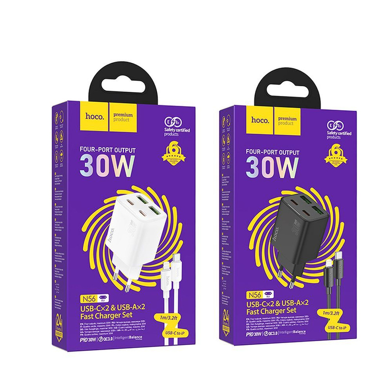 Ładowarka sieciowa do telefonu Hoco 2 x USB C + 2 x USB A QC3.0 PD 3A 30W + kabel USB C do Lightning N56 biała