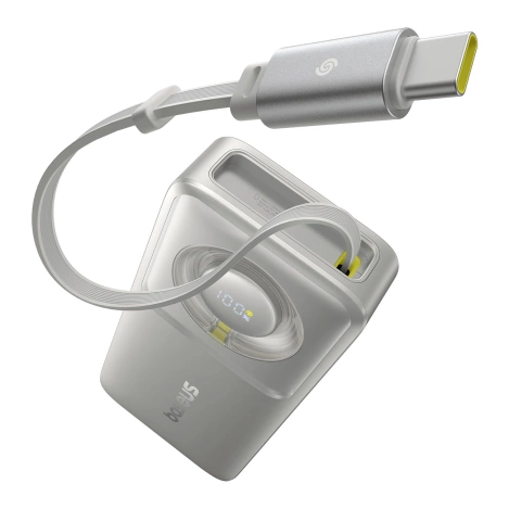Baseus Free2Pull 10000 mAh 30 W Powerbank mit USB-C-Anschluss und einziehbarem USB-C-Kabel – Grau