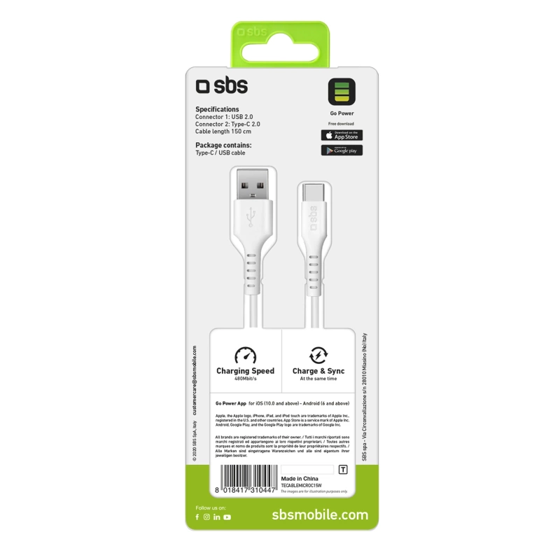SBS TECABLEMICROC15W USB-A – USB-C-Kabel 1,5 m – Weiß