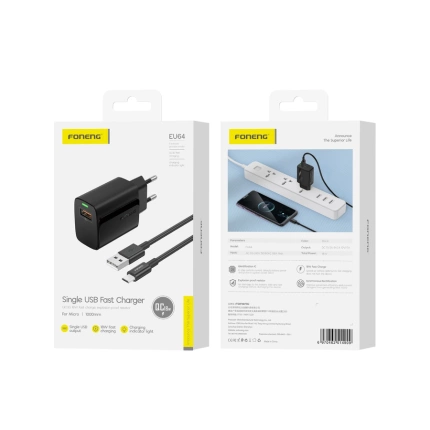 FONENG ładowarka sieciowa EU64 18W 1xUSB QC3.0 + kabel Micro Czarny