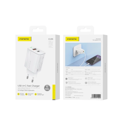 FONENG Netz-Ladegerät EU66 PD 20W 1xUSB-C + 1xUSB QC3.0 weiss