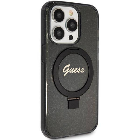 Guess Ring Stand Script Glitter MagSafe Hülle für iPhone 15 Pro – Schwarz