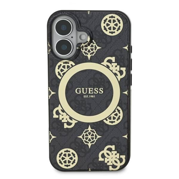 Original Handyhülle IPHONE 16 Guess Hardcase IML Peony On 4G Background MagSafe (GUHMP16SH4PYEEK) schwarz