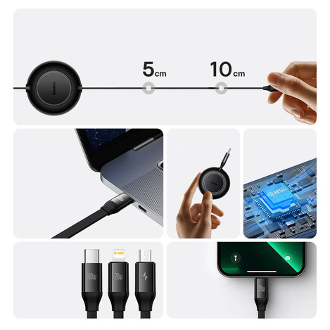 Baseus Bright Mirror 2 retractable cable 3in1 USB Type C - micro USB + Lightning + USB Type C 3.5A 1.1m black (CAMJ010201)