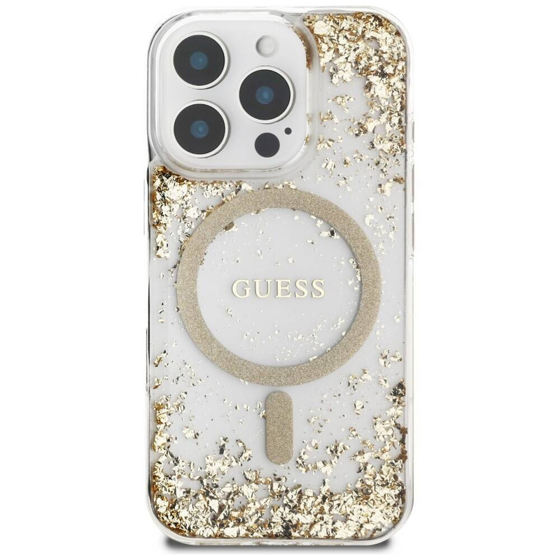 GUESS futerał do IPHONE 16 Pro kompatybilny z MagSafe GUHMP16LRGRGED (Resin Bottom Glitter) złoty