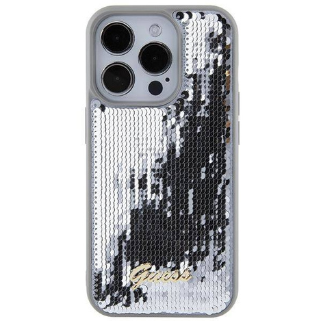 Guess Pailletten-Schriftzug-Metallgehäuse für iPhone 15 Pro Max – Silber