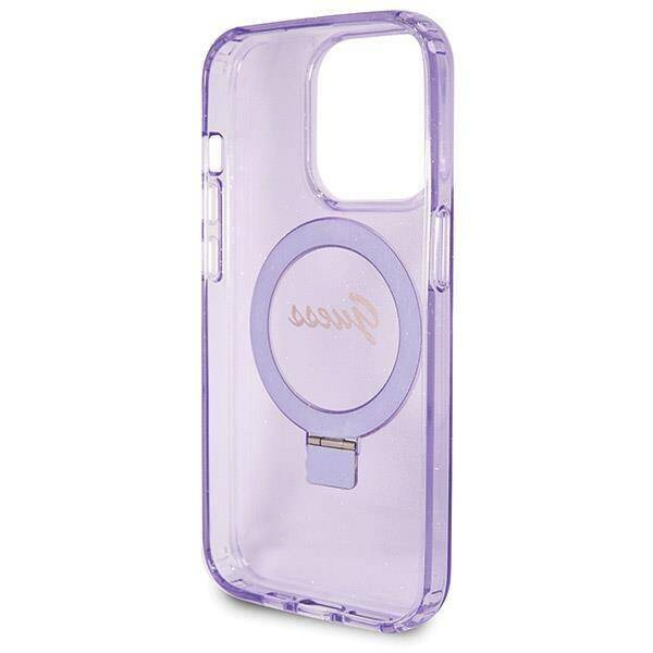 Original Handyhülle IPHONE 13 PRO Guess Hardcase Ring Stand Script Glitter MagSafe (GUHMP13LHRSGSU) violett