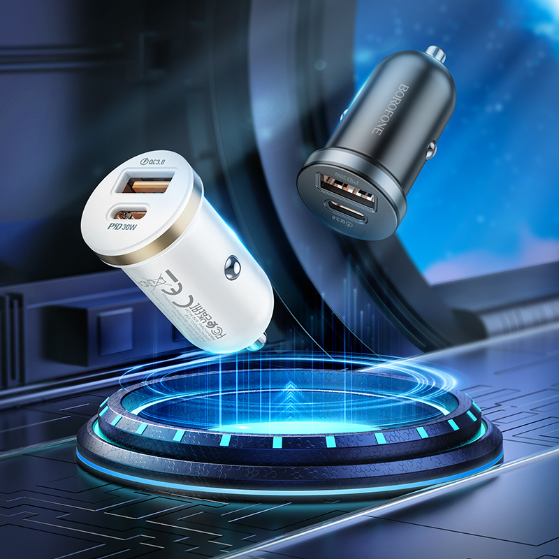 Borofone Ładowarka samochodowa BZ22 Scenery - USB + Typ C - QC 3.0 PD 30W czarna