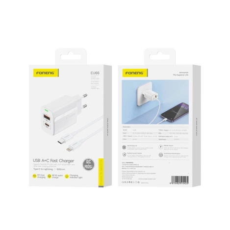 FONENG Netz-Ladegerät EU66 PD 20W 1xUSB-C + 1xUSB QC3.0 + Kabel USB-C - Lightning weiss