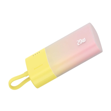 Baseus Popsicle 5200mAh 20W Powerbank with Built-in Lightning Cable (+ White Baseus Simple USB-C - USB-C 60W/20V/3A/30cm Cable) - Yellow-Pink