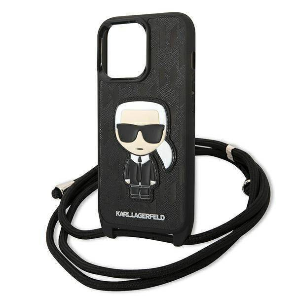 Original Handyhülle IPHONE 13 PRO Karl Lagerfeld Hardcase Leather Monogram Patch And Cord Iconik (KLHCP13LCMNIPK) schwarz