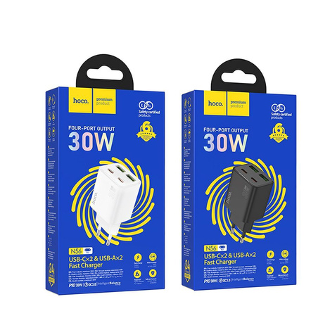 Ładowarka sieciowa do telefonu Hoco 2 x USB C + 2 x USB A QC3.0 PD 3A 30W N56 czarna
