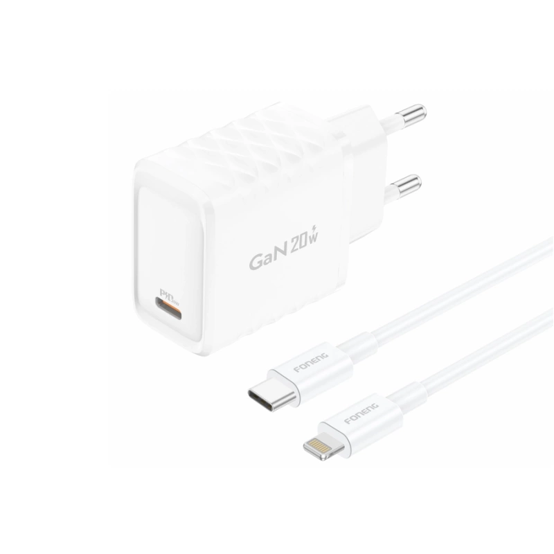 FONENG ładowarka sieciowa EU55 GaN PD 20W 1xUSB-C + kabel USB-C - Lightning Biały