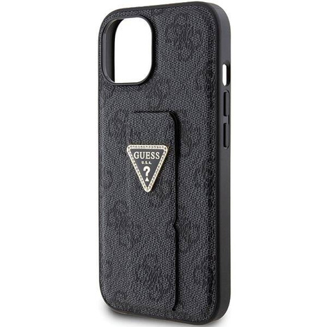 Guess Grip Stand 4G Triangle Strass Hülle für iPhone 15 – Schwarz