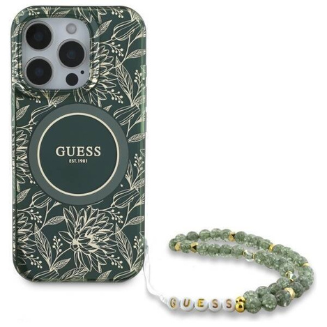 Etui Guess IML Flowers Allover Electro With Pearl Strap MagSafe na iPhone 16 Pro Max - zielone