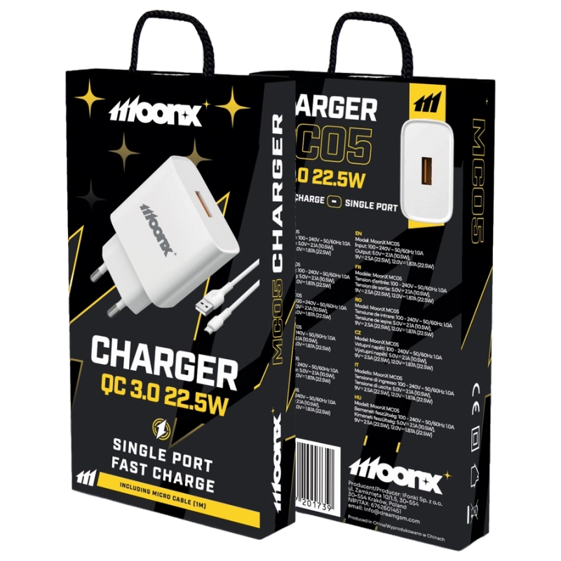 MOONX wall charger MC05 22,5W 1xUSB QC3.0 + cable Micro USB White