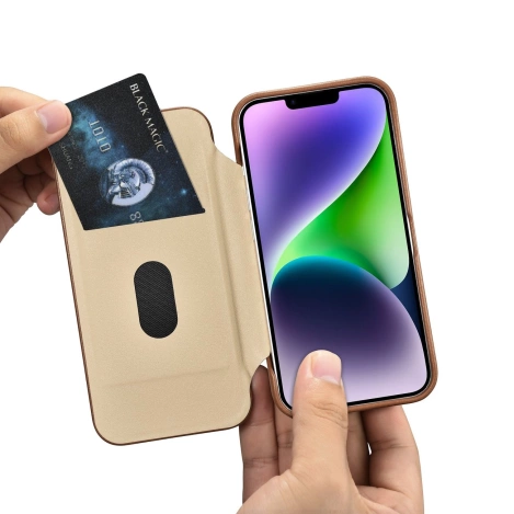 iCarer CE Premium Leather Folio Case skórzane etui iPhone 14 Plus z klapką magnetyczne MagSafe brązowy (WMI14220715-BN)