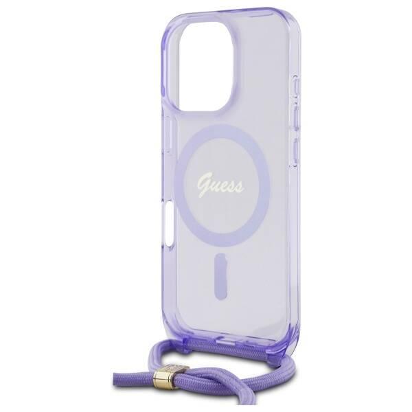 Original Case IPHONE 16 PRO MAX Guess Hardcase Crossbody Cord Script MagSafe (GUHMP16XHCTSGNSU) purple