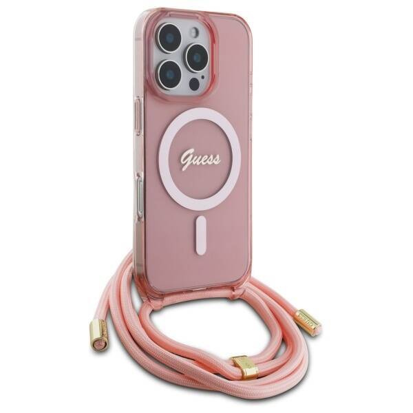 Original Handyhülle IPHONE 16 PRO MAX Guess Hardcase Crossbody Cord Script MagSafe (GUHMP16XHCTSGNSP) rosa