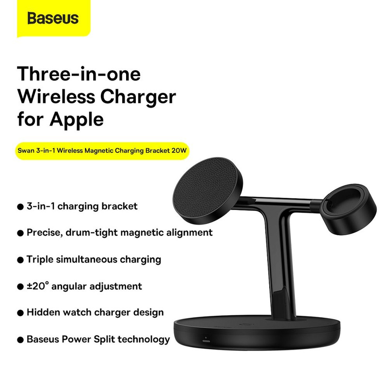 Baseus Swan ładowarka indukcyjna (kompatybilna z MagSafe) stojak do iPhone, Apple Watch, AirPods + kabel USB-C 1m czarny (WXTE000101)