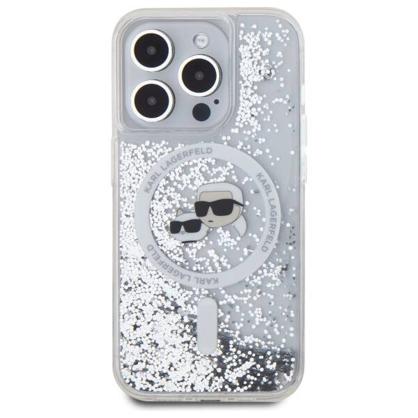 Oryginalne Etui IPHONE 15 PRO Karl Lagerfeld Hardcase Liquid Glitter Karl&Choupette Head MagSafe (KLHMP15LLGKCSGH) transparentne