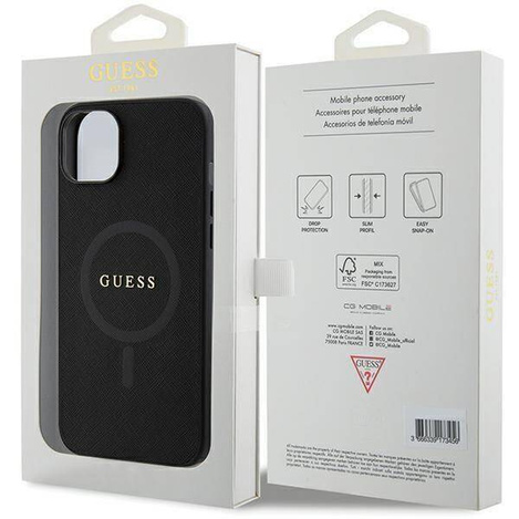 Original Handyhülle APPLE IPHONE 15 PLUS Guess Hardcase Saffiano MagSafe (GUHMP15MPSAHMCK) schwarz