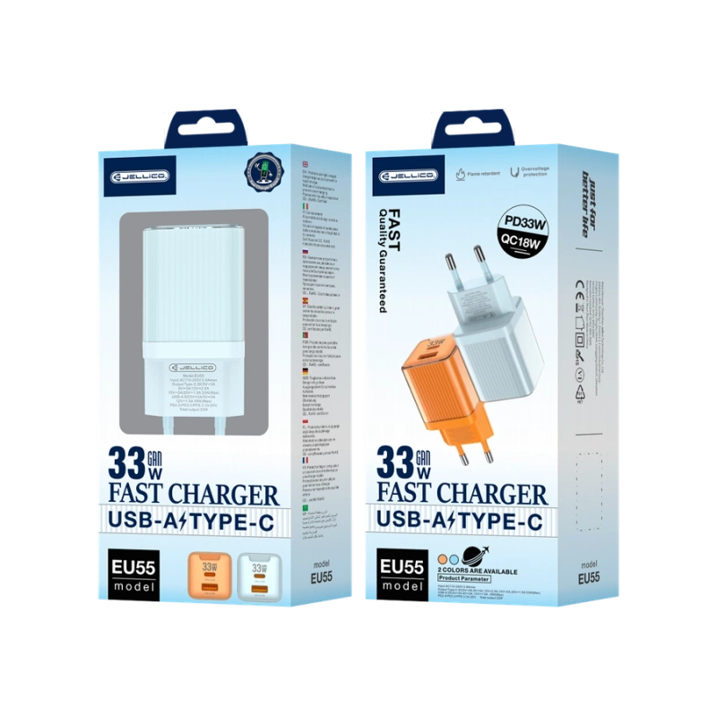 JELLICO Netz-Ladegerät EU55 GaN PD 33W 1xUSB-C + 1xUSB QC3.0 blau