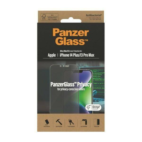 Gehärtetes Glas 5D IPHONE 14 PLUS / 13 PRO MAX PanzerGlass Ultra-Wide Fit Privacy Screen Protection Antibacterial (P2773)