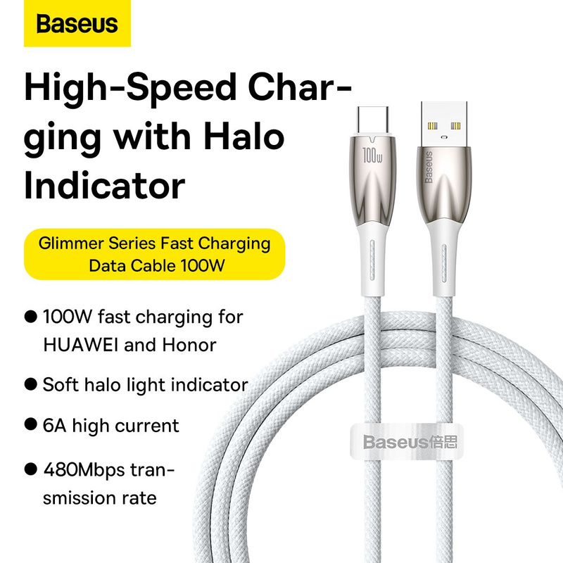 USB cable for USB-C Baseus Glimmer Series, 100W, 1m (White)