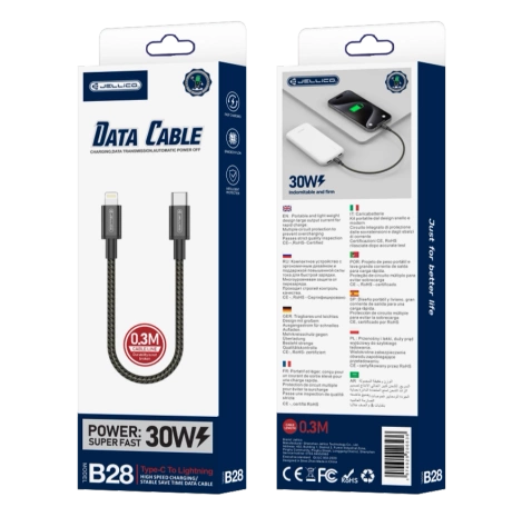JELLICO kabel B28 USB-C - Lightning PD 30W 0.3M Czarny