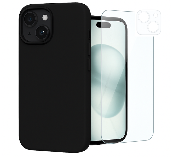 Etui do iPhone 15 czarne + Szkło na ekran + Szkło na aparat