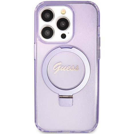 Guess Ring Stand Script Glitter MagSafe Hülle für iPhone 15 Pro – Lila