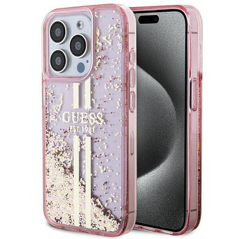 Oryginalne Etui GUESS Hardcase GUHCP15LLFCSEGP do iPhone 15 Pro (Liquid Glitter Gold Stripes / różowy)