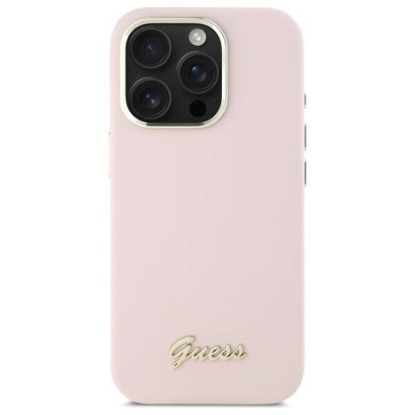Original Case IPHONE 16 PRO Guess Hardcase Silicone Script Metal Logo & Frame (GUHCP16LSMBSLP) pink